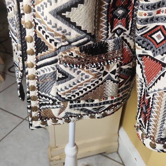 Glamorous western motif jacquard beaded trim open blazer women's size Small - Picture 7 of 10
